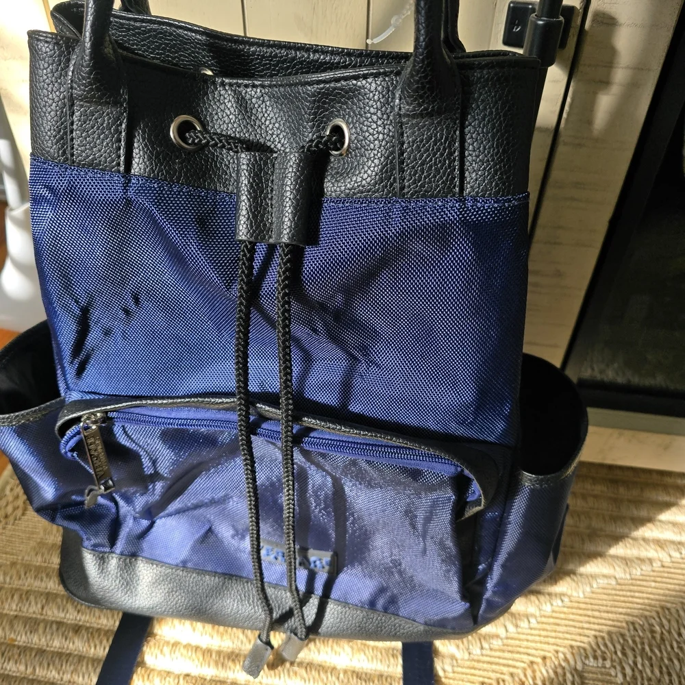 Versace Navy and Black Drawstring Backpack with Front Zip Pocket